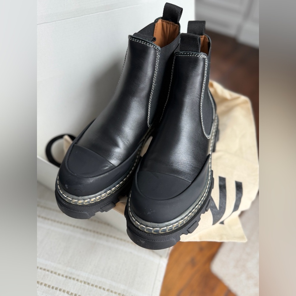 Ganni Black Leather Platform Chelsea Ankle Boots